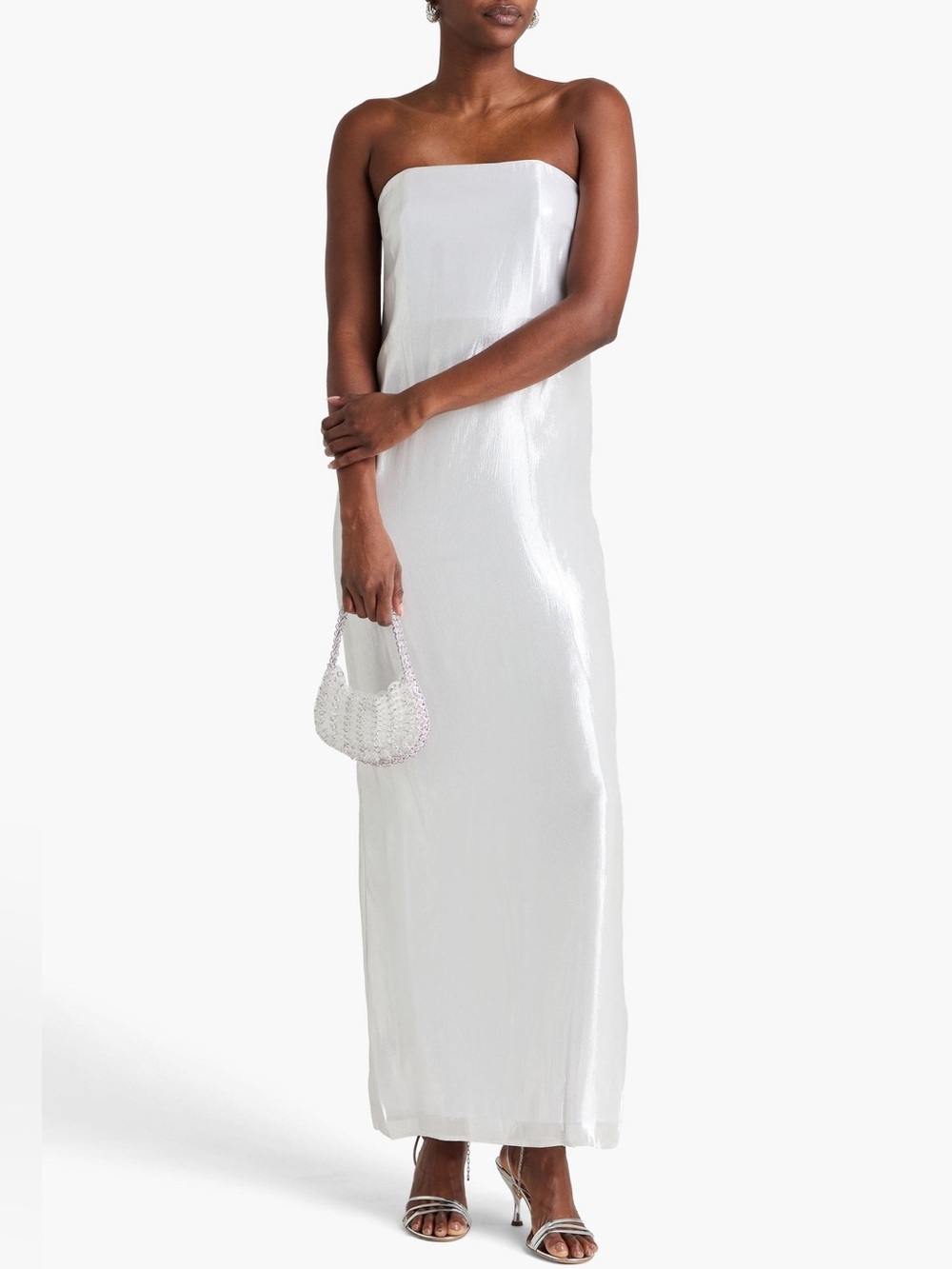 STAUD Casey Strapless Metallic White Silver Maxi Dress Size 8
